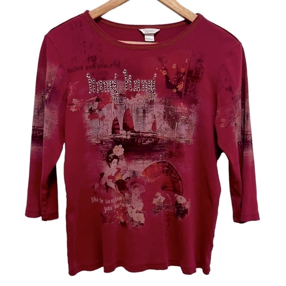 VINTAGE Y2K Christopher & Banks Hong Kong Graphic 3/4 Sleeve Shirt. Size M